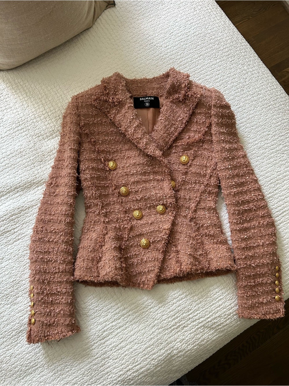 Balmain Rose Pink Tweed Double-Breasted Blazer with Gold Buttons